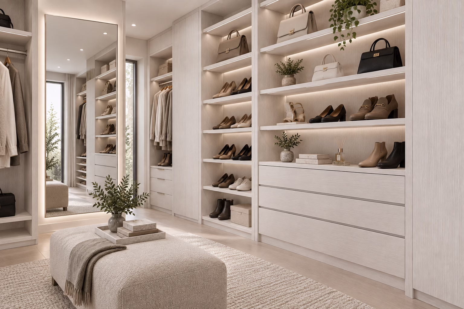 Winter Oak custom closet corner unit with specialized shoe shelving and hanging storage