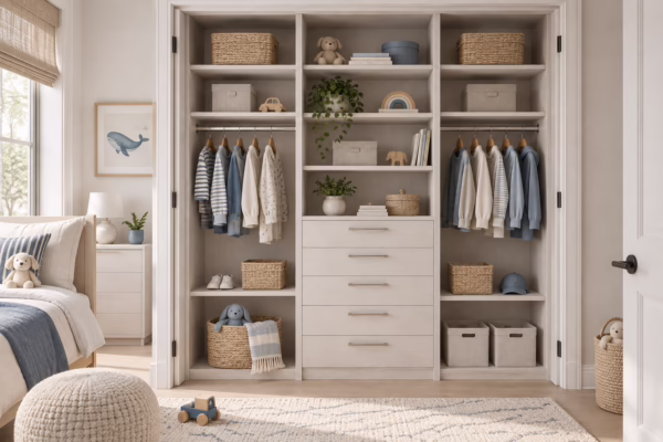 Winter Oak custom closet corner unit with specialized shoe shelving and hanging storage