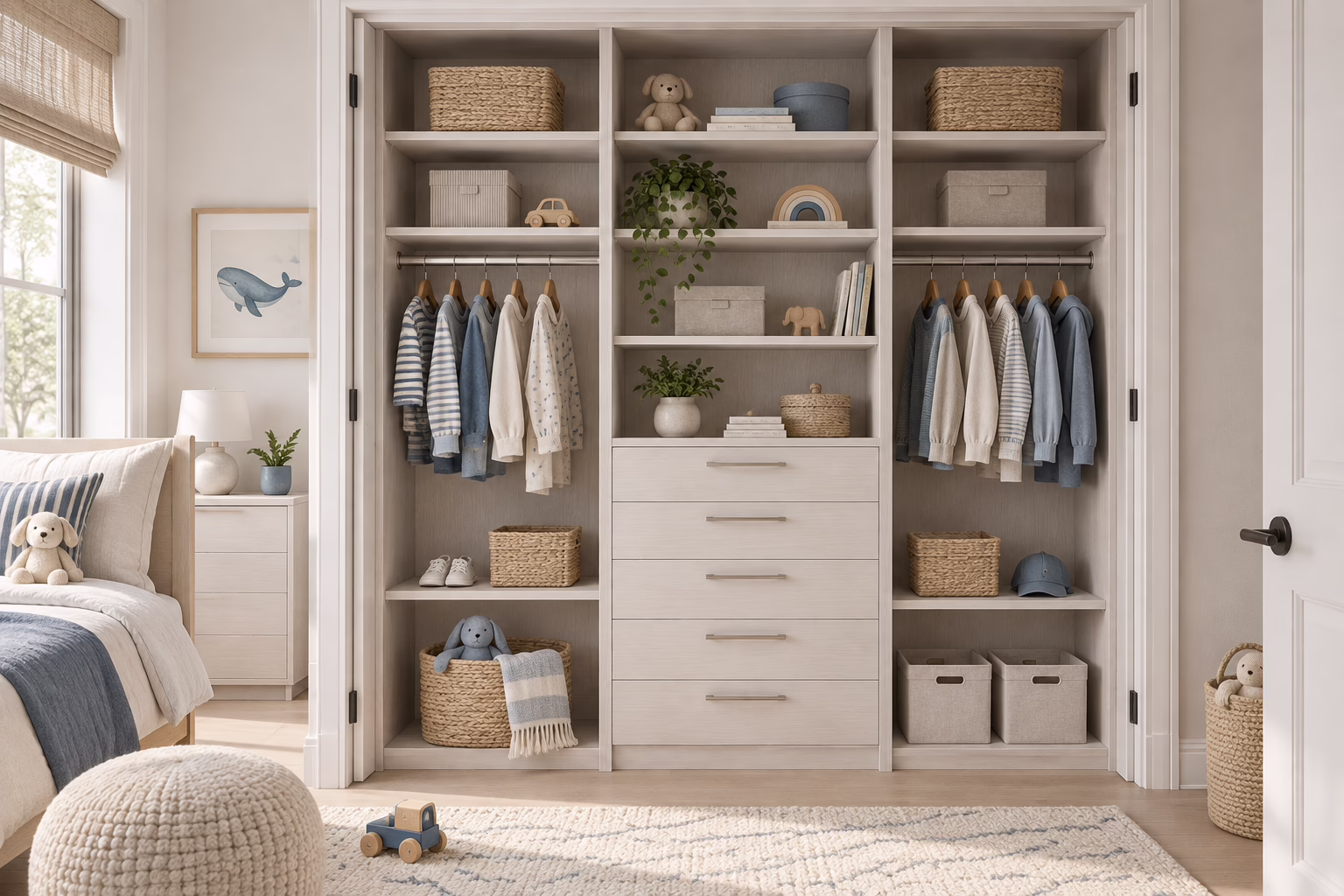 Winter Oak custom closet corner unit with specialized shoe shelving and hanging storage