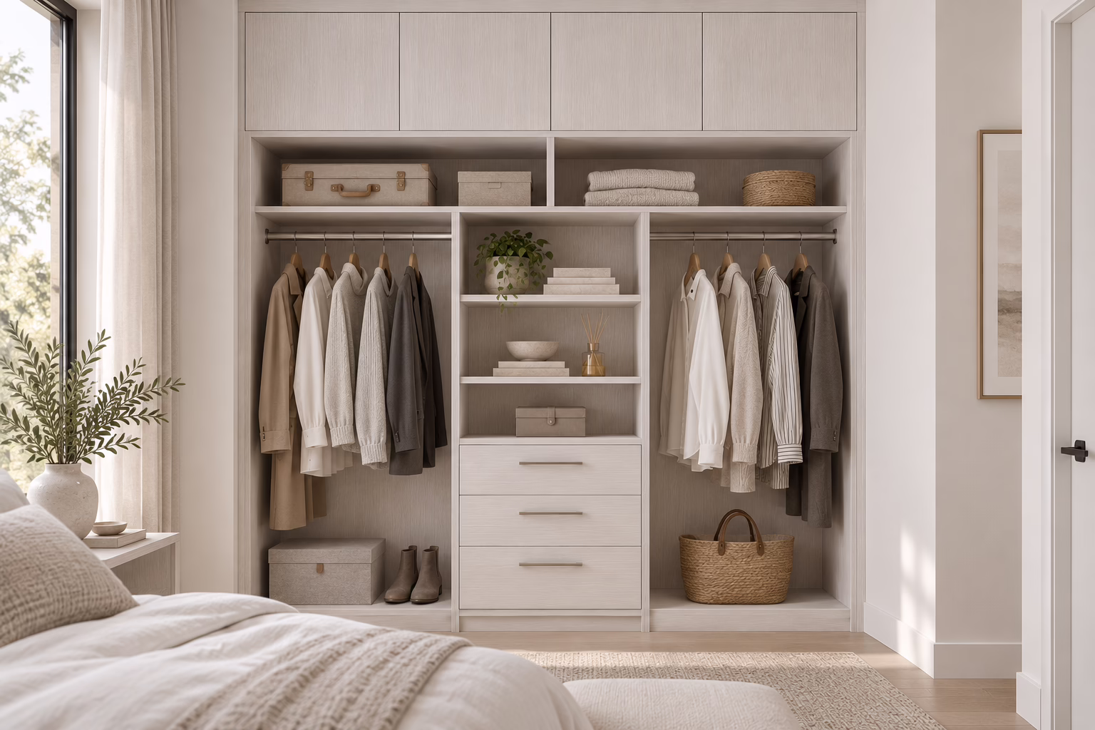 Winter Oak custom closet corner unit with specialized shoe shelving and hanging storage