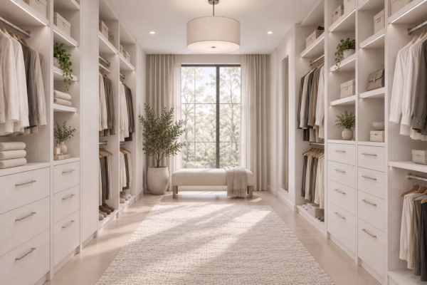 Winter Oak walk-in closet layout featuring an island, extensive shelving, and balanced lighting