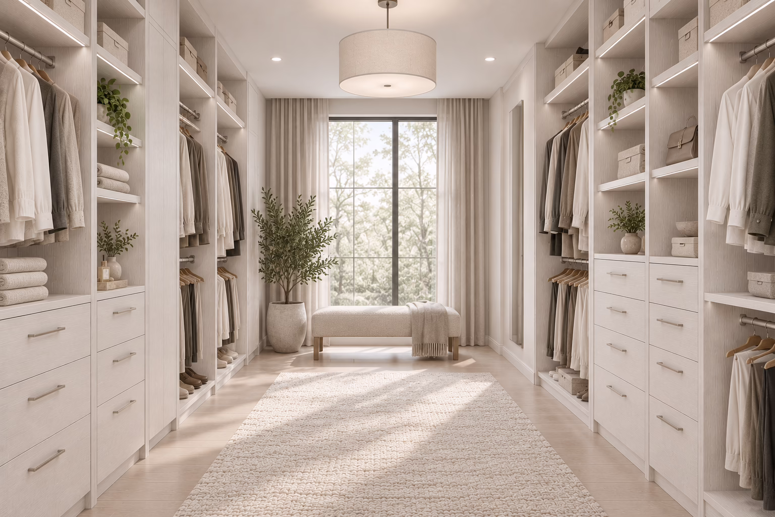 Winter Oak walk-in closet layout featuring an island, extensive shelving, and balanced lighting