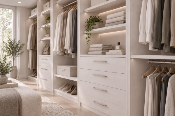 Winter Oak walk-in closet featuring organized shelving, hanging space, and built-in drawers