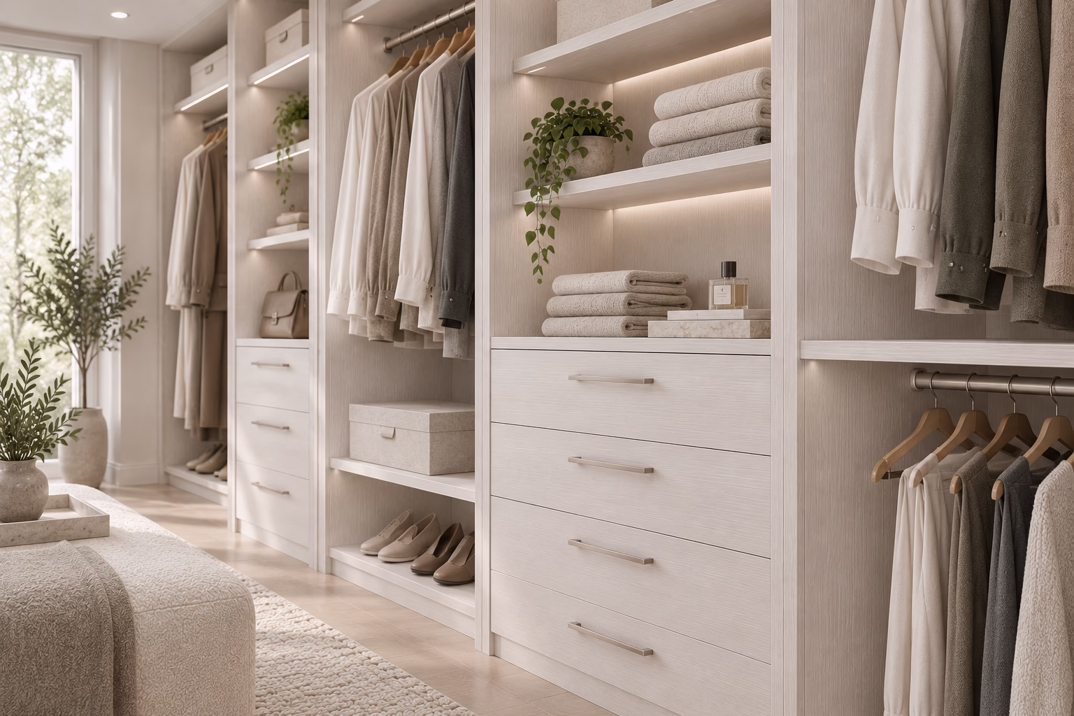 Winter Oak walk-in closet featuring organized shelving, hanging space, and built-in drawers