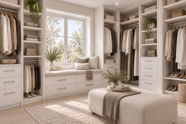 Winter Oak walk-in closet system featuring custom shelving, integrated bench seating, and wood grain finish