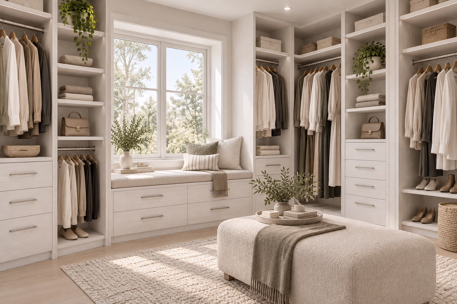 Winter Oak walk-in closet system featuring custom shelving, integrated bench seating, and wood grain finish