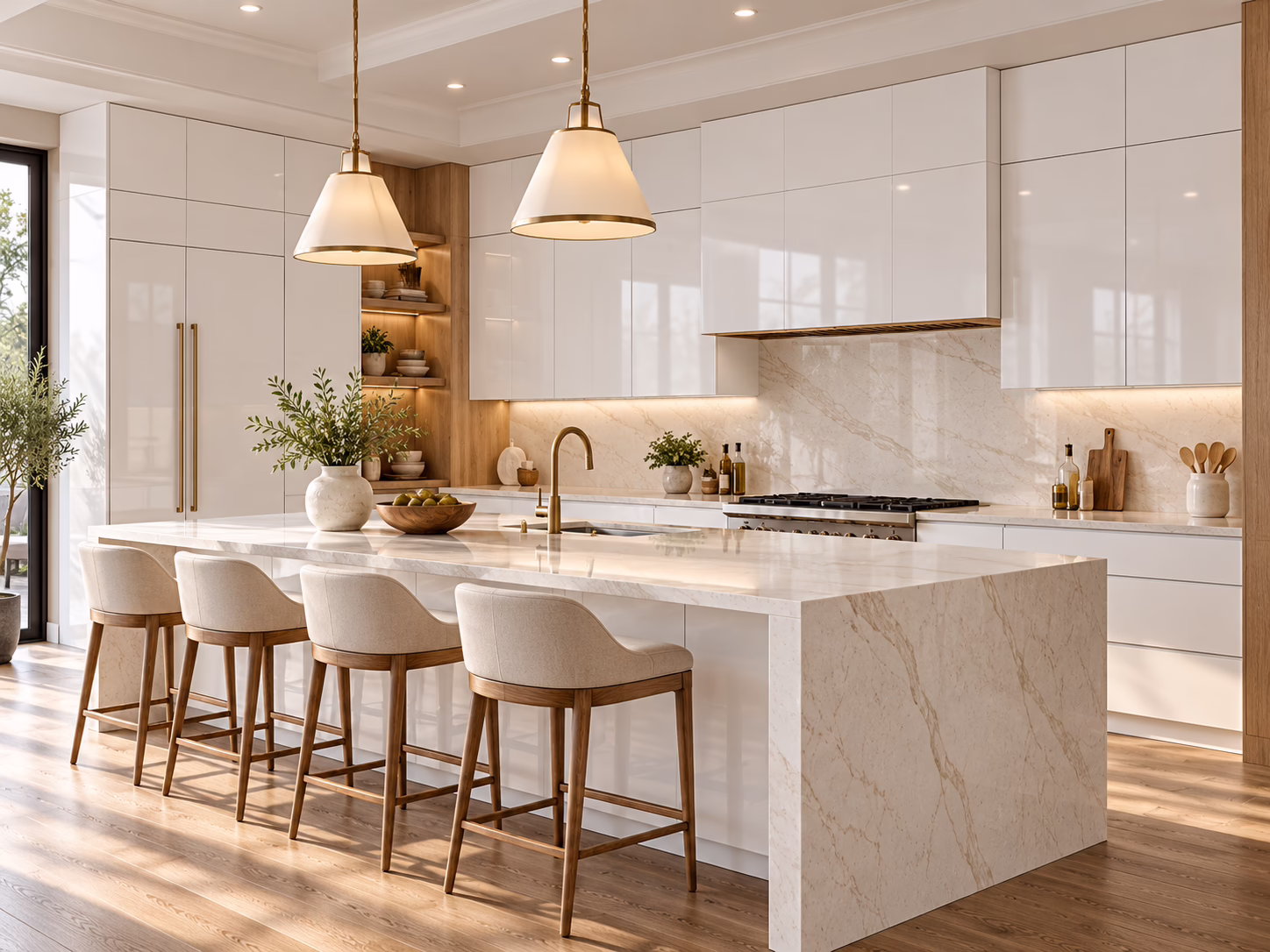 Contemporary kitchen featuring glossy white upper and lower cabinetry paired with open wood shelving, a large marble waterfall island with counter-height stools, and brass pendant lighting.