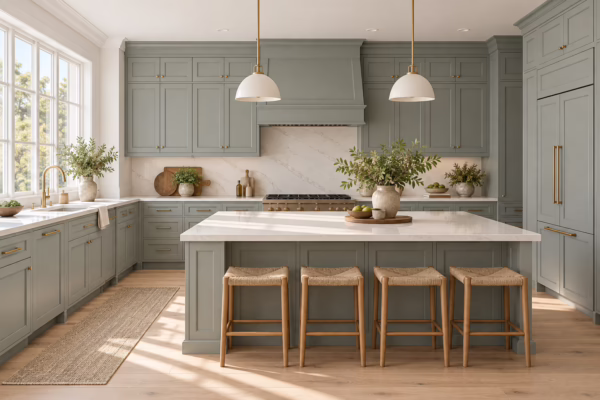 Alpine ash green shaker kitchen cabinets with island barstools, gold hardware, and white dome pendant lights