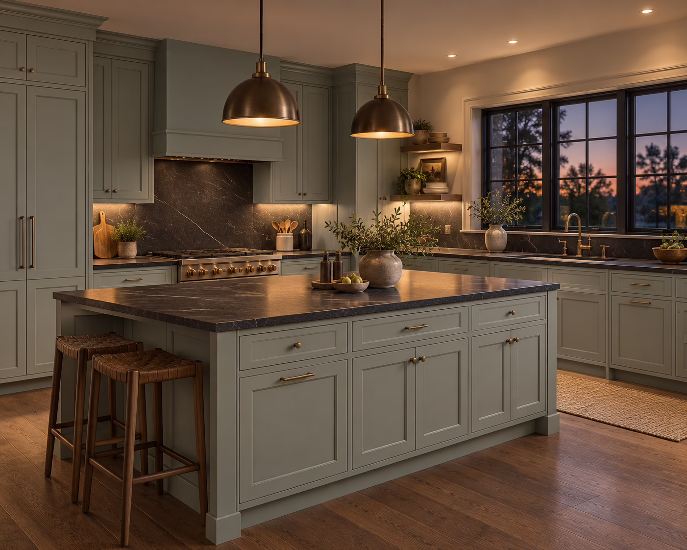 Alpine ash green shaker kitchen with dark marble island countertop and brass pendant lights