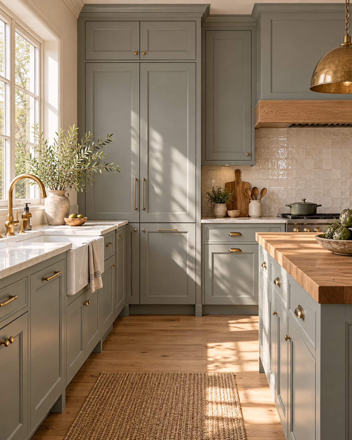 Alpine ash green shaker pantry cabinets and kitchen counter with wood island countertop and gold faucet