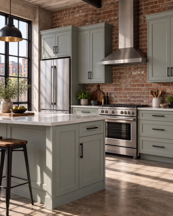 Alpine ash green shaker kitchen cabinets with island and stainless steel range hood against exposed brick wall