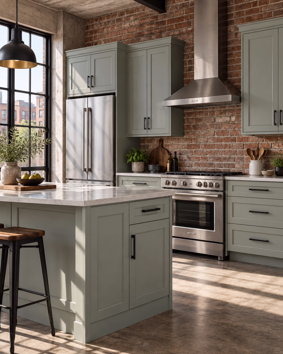 Alpine ash green shaker kitchen cabinets with island and stainless steel range hood against exposed brick wall