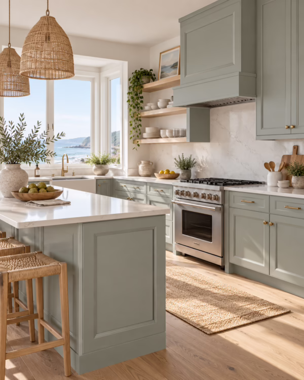 Alpine ash green shaker kitchen with island barstools, wicker pendant lights, and coastal view