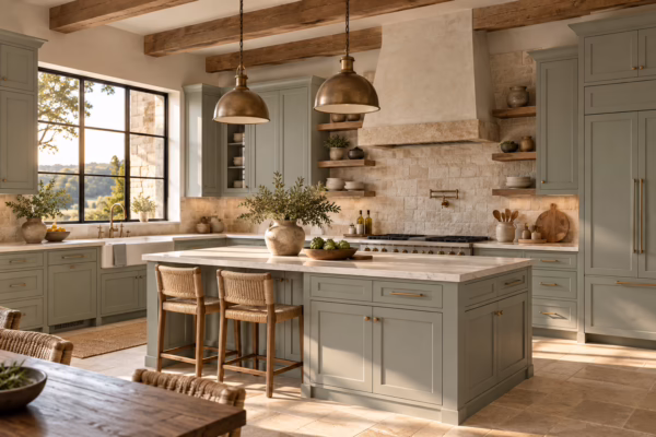 Alt Text: Alpine ash green shaker kitchen cabinets with island, exposed ceiling beams, and stone alcove range hood