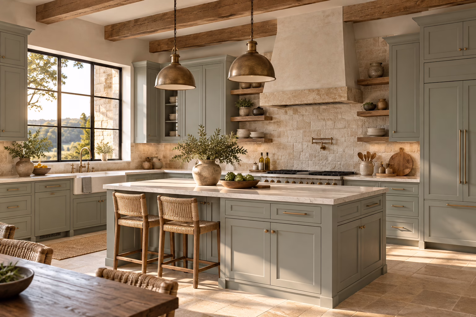 Alt Text: Alpine ash green shaker kitchen cabinets with island, exposed ceiling beams, and stone alcove range hood