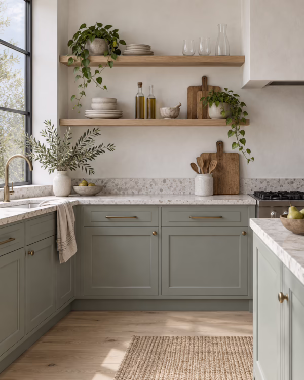 Alpine ash green shaker kitchen base cabinets with floating wood shelves and brass hardware
