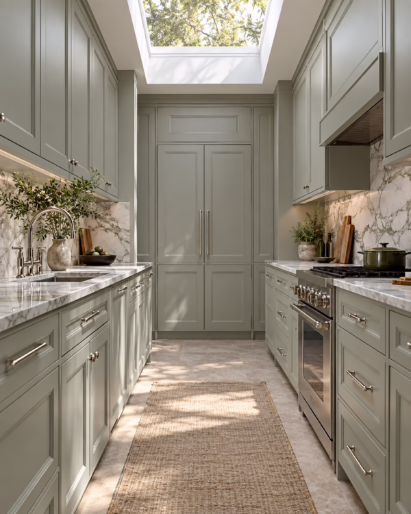 Alpine ash green shaker kitchen with skylight, marble countertops, and silver handles