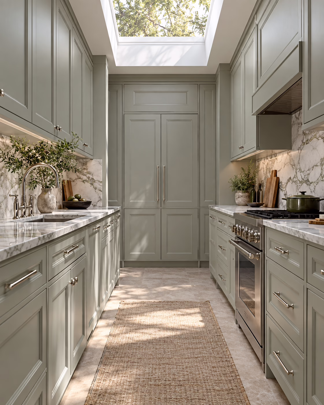 Alpine ash green shaker kitchen with skylight, marble countertops, and silver handles
