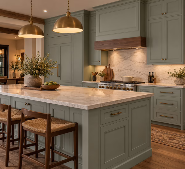 Alpine ash green shaker kitchen with marble island, wood range hood, and brass pendant lights
