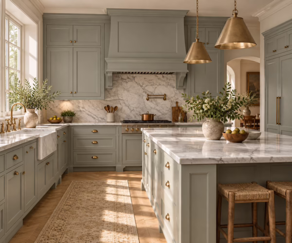 Alpine ash green shaker kitchen cabinets with marble island and brass dome pendant lights