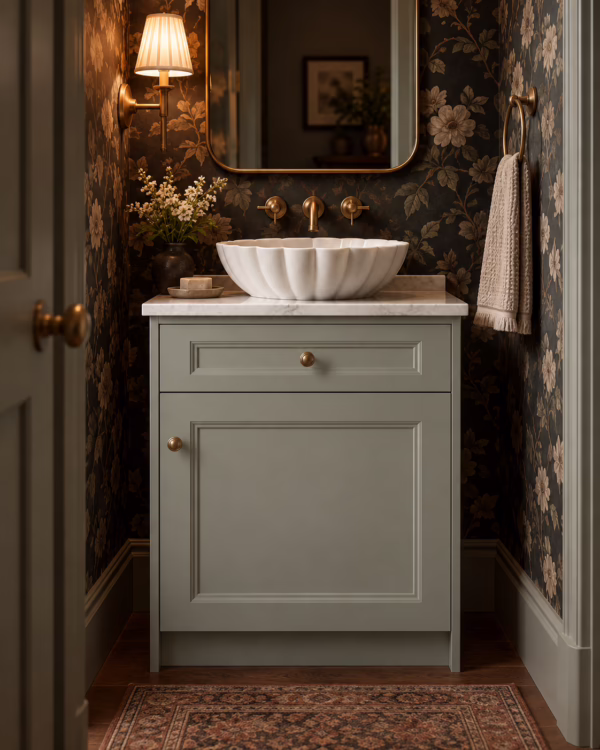 Alpine ash green shaker single sink bathroom vanity with vessel sink against dark wallpaper