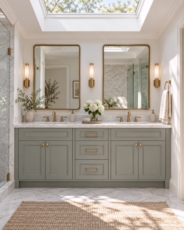 Alpine ash green shaker double vanity with gold brass fixtures under skylight in modern bathroom
