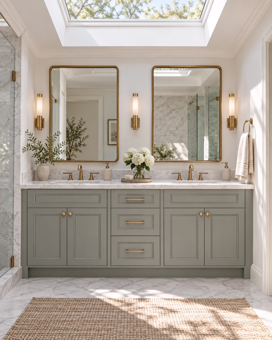 Alpine ash green shaker double vanity with gold brass fixtures under skylight in modern bathroom