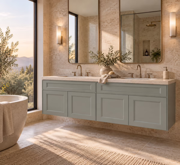 Alpine ash green shaker double vanity with gold brass faucets and arched mirrors in modern bathroom