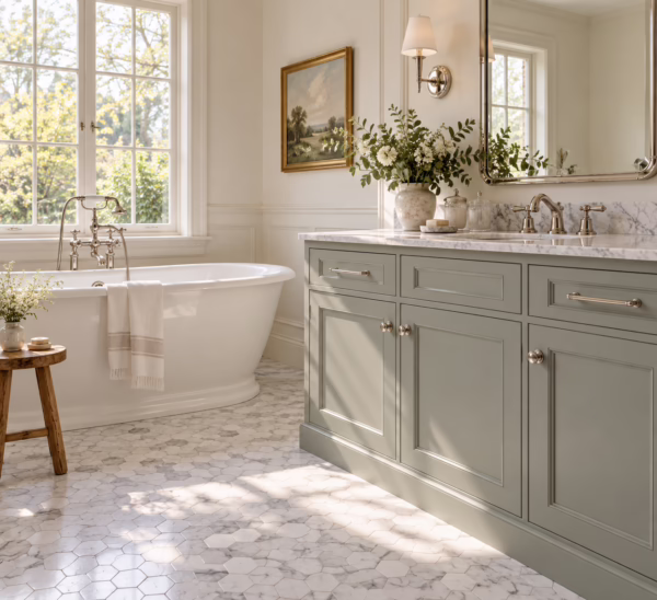 Alpine ash green shaker bathroom vanity with freestanding bathtub and marble floors