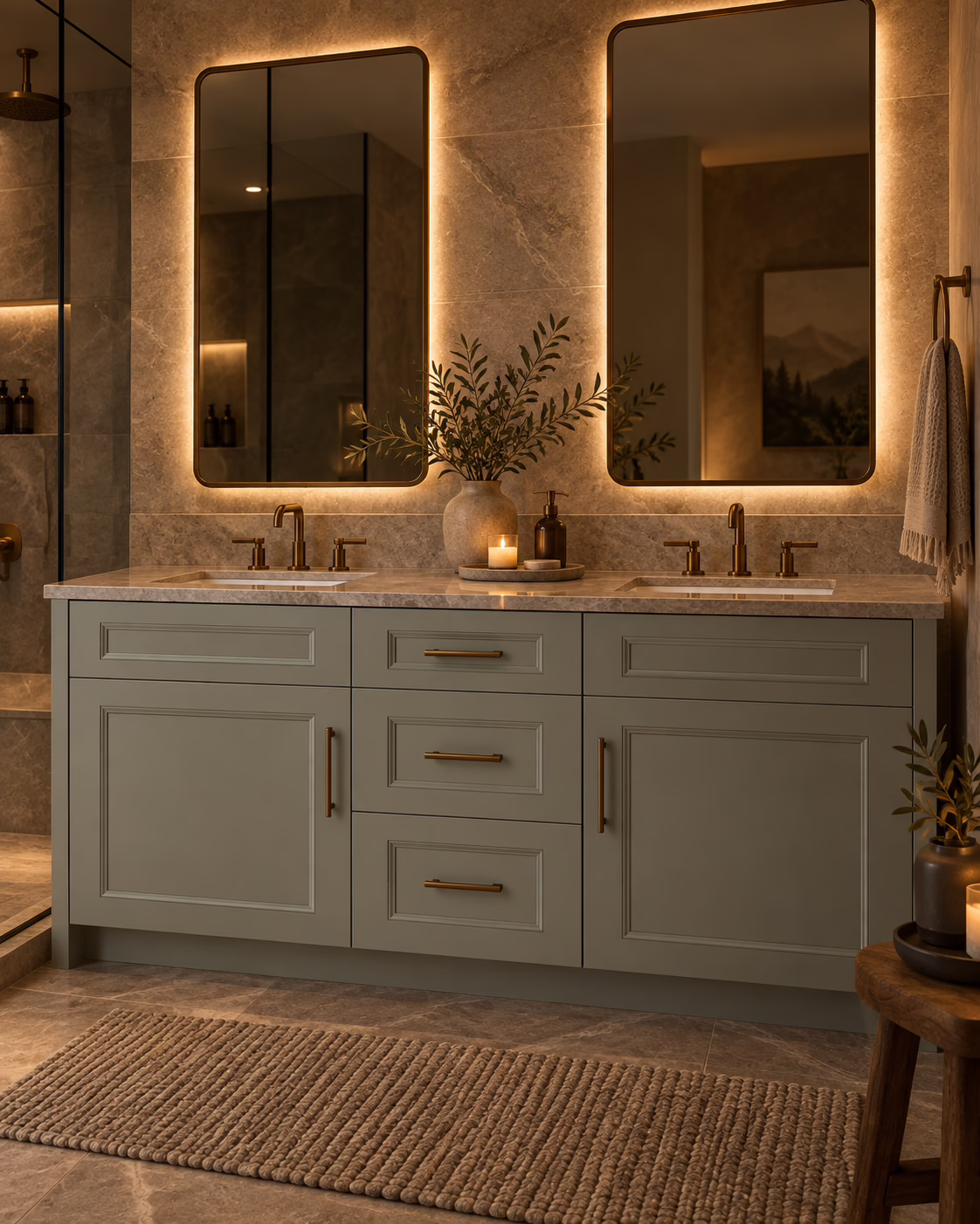 Alpine ash green shaker double vanity with gold mirrors and fixtures in modern bathroom