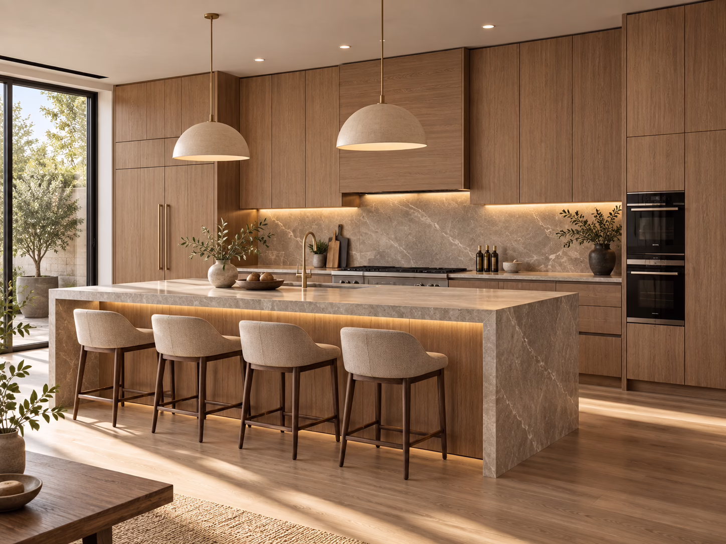 Natural oak European frameless kitchen cabinets with marble waterfall island and under-cabinet lighting