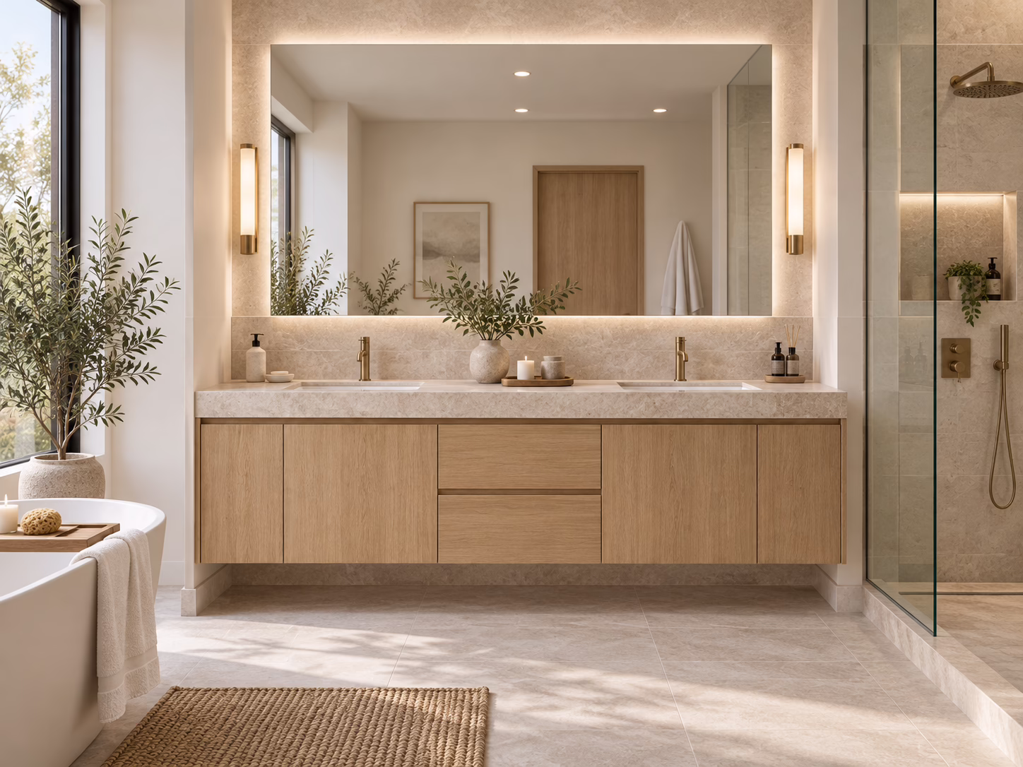 Natural oak floating bathroom double vanity with backlit LED mirror and glass shower enclosure