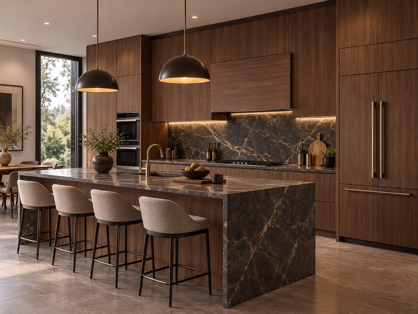 Modern dark walnut kitchen cabinets with marble waterfall island and black pendant lights