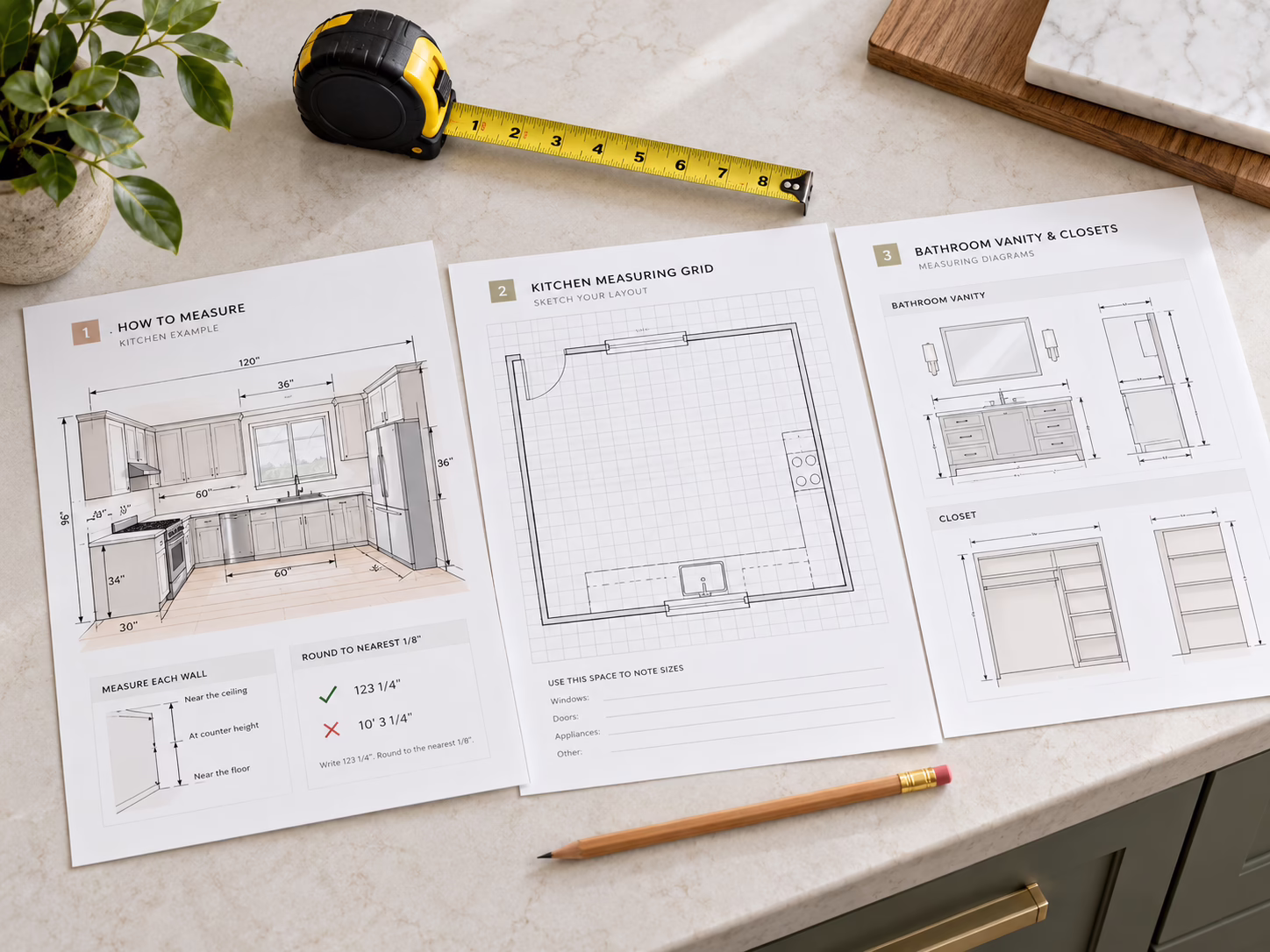 Kitchen cabinet measurement guide sheets with measuring grid diagrams, tape measure, and pencil