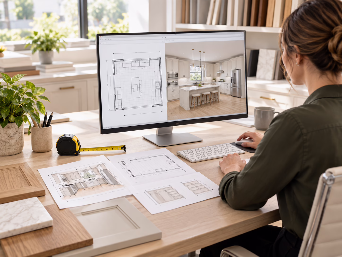 Interior designer at desk reviewing kitchen cabinet blueprints and 3D renderings with measurement tools