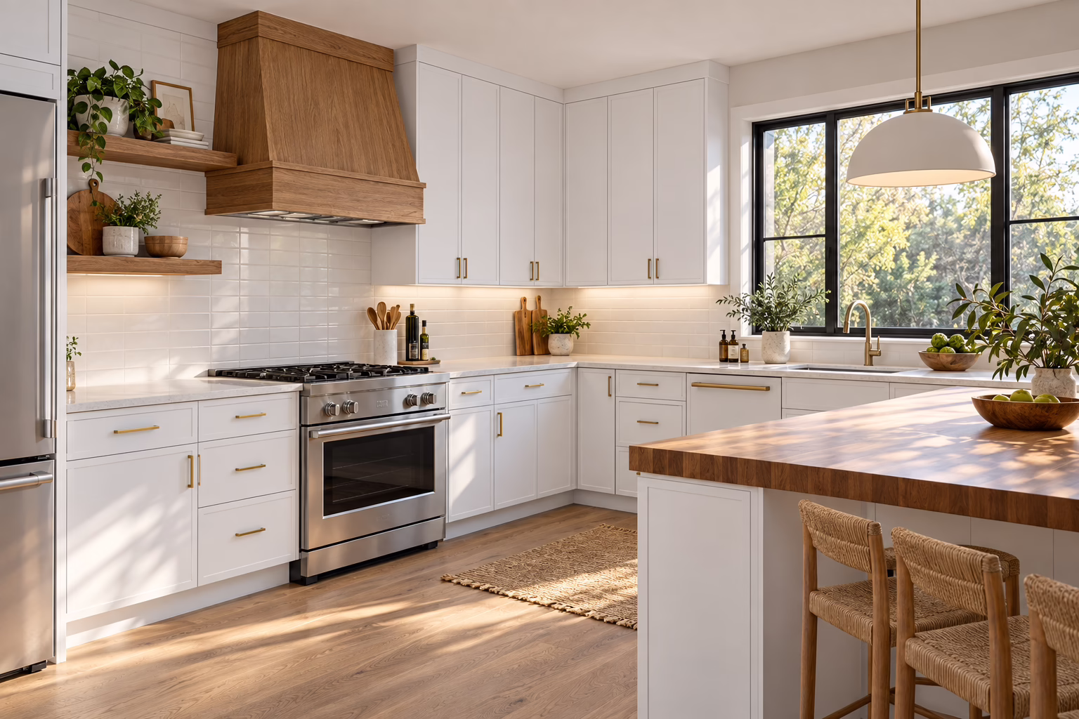 Slim white shaker kitchen cabinets with marble waterfall island, gold hardware, and open living room concept