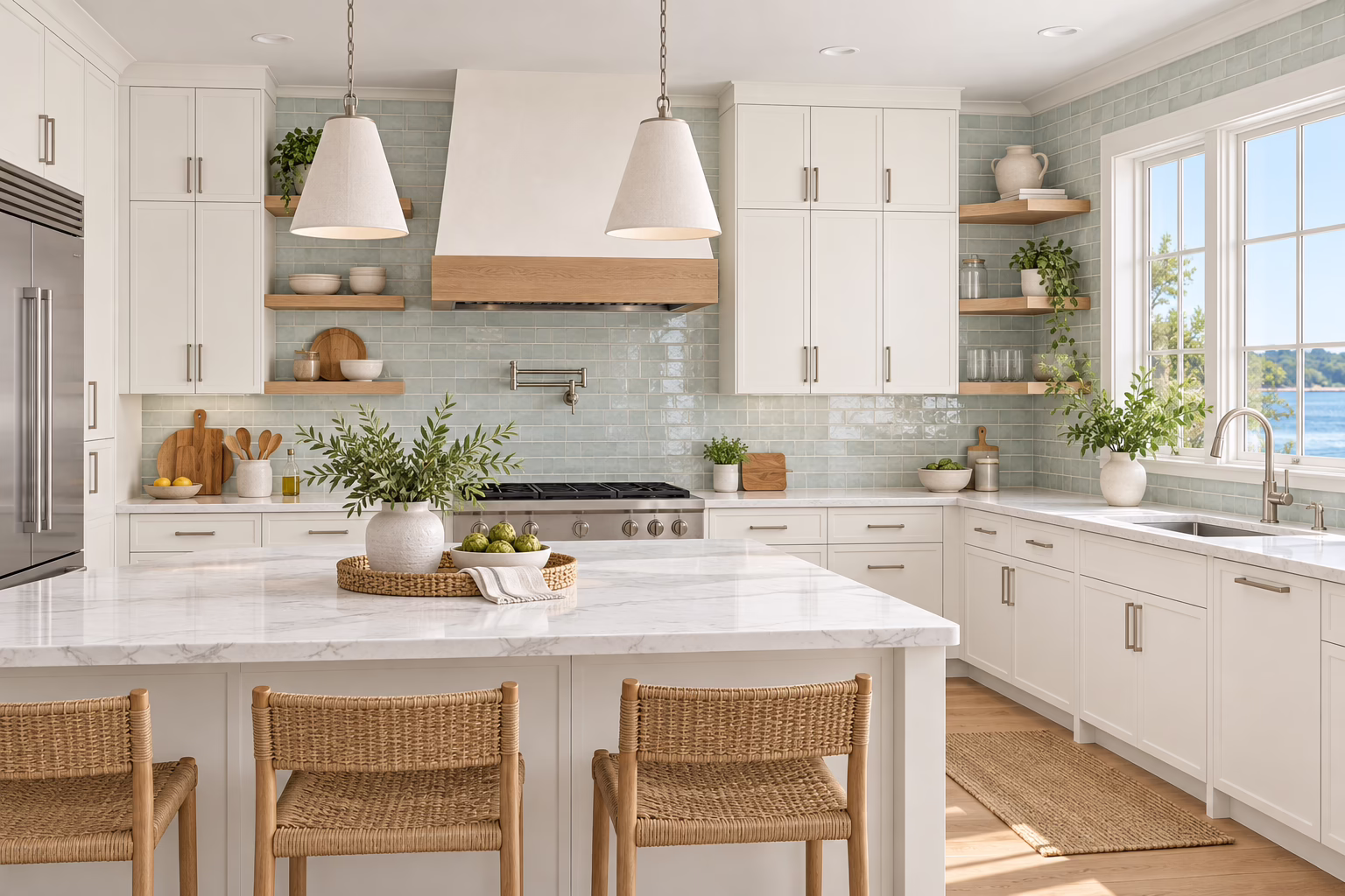 Slim dove white shaker kitchen island with woven barstools, light green tile backsplash, and wooden range hood accent