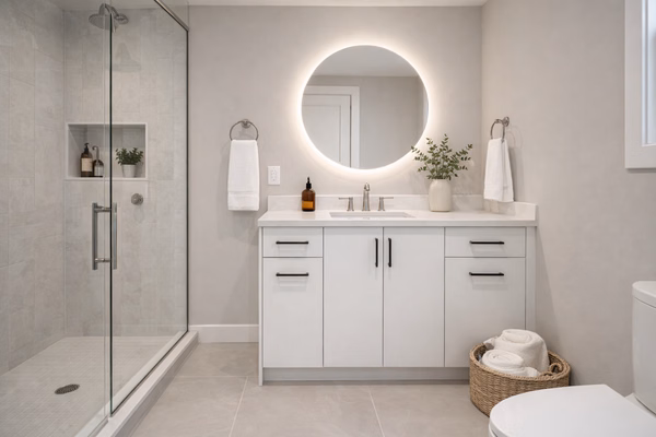 Modern matte white European frameless double bathroom vanity featuring minimalist black hardware, a white quartz countertop, round backlit mirror, and a walk-in shower