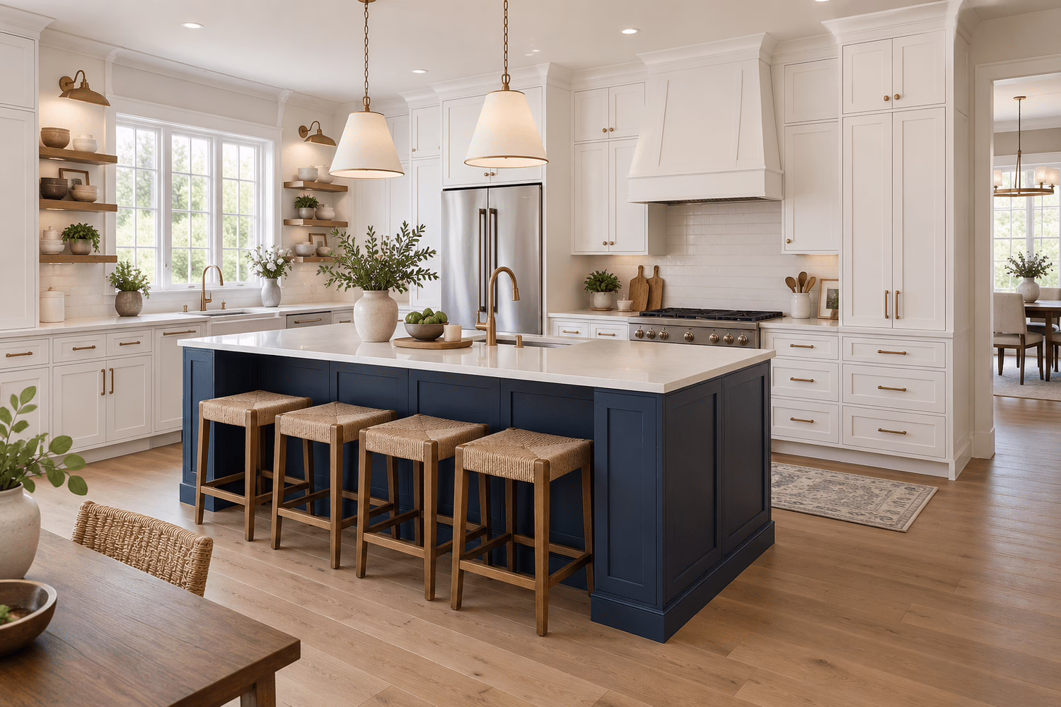 Modern kitchen featuring bright white wall cabinets and a contrasting dark blue center island with seating.