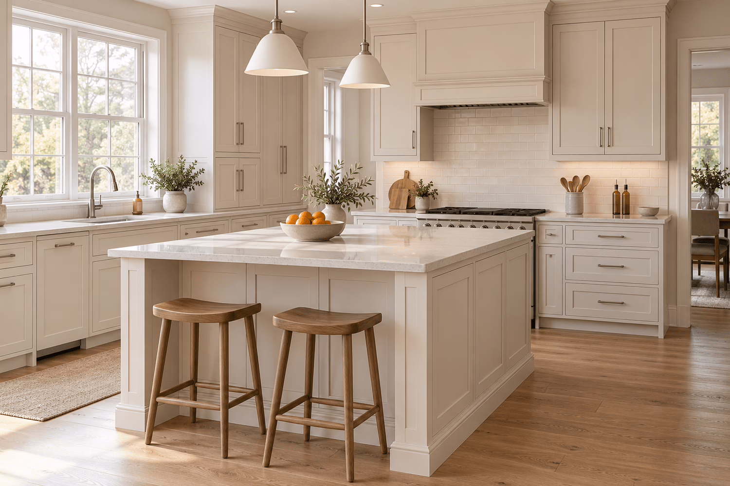 Modern kitchen featuring classic white shaker cabinets, a center island with seating, and light wood flooring.