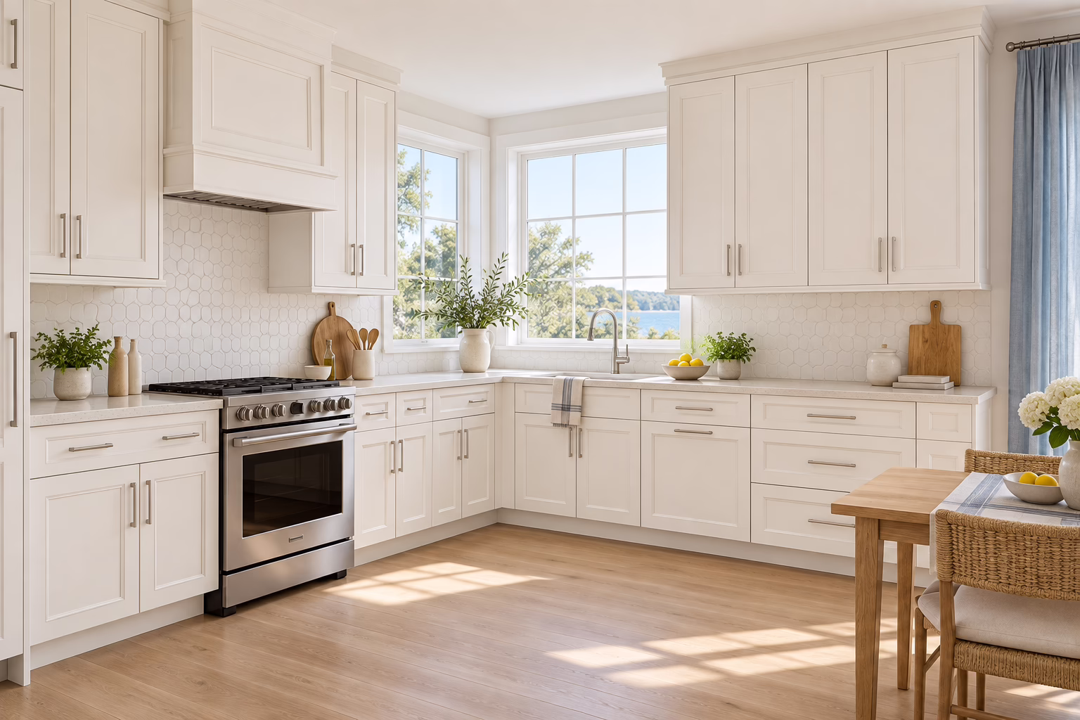 Airy alabaster white kitchen with shaker-style cabinets, quartz countertops, window overlooking the coast, and wooden dining table in soft daylight
