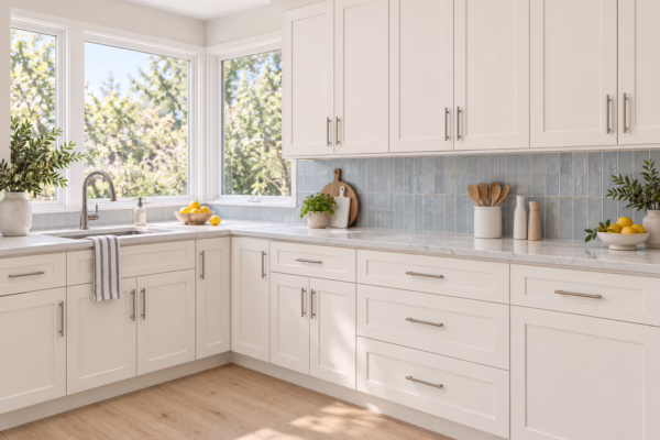 Airy corner kitchen with dove white shaker-style cabinets, quartz countertops, blue tile backsplash, and a corner sink under windows in soft daylight