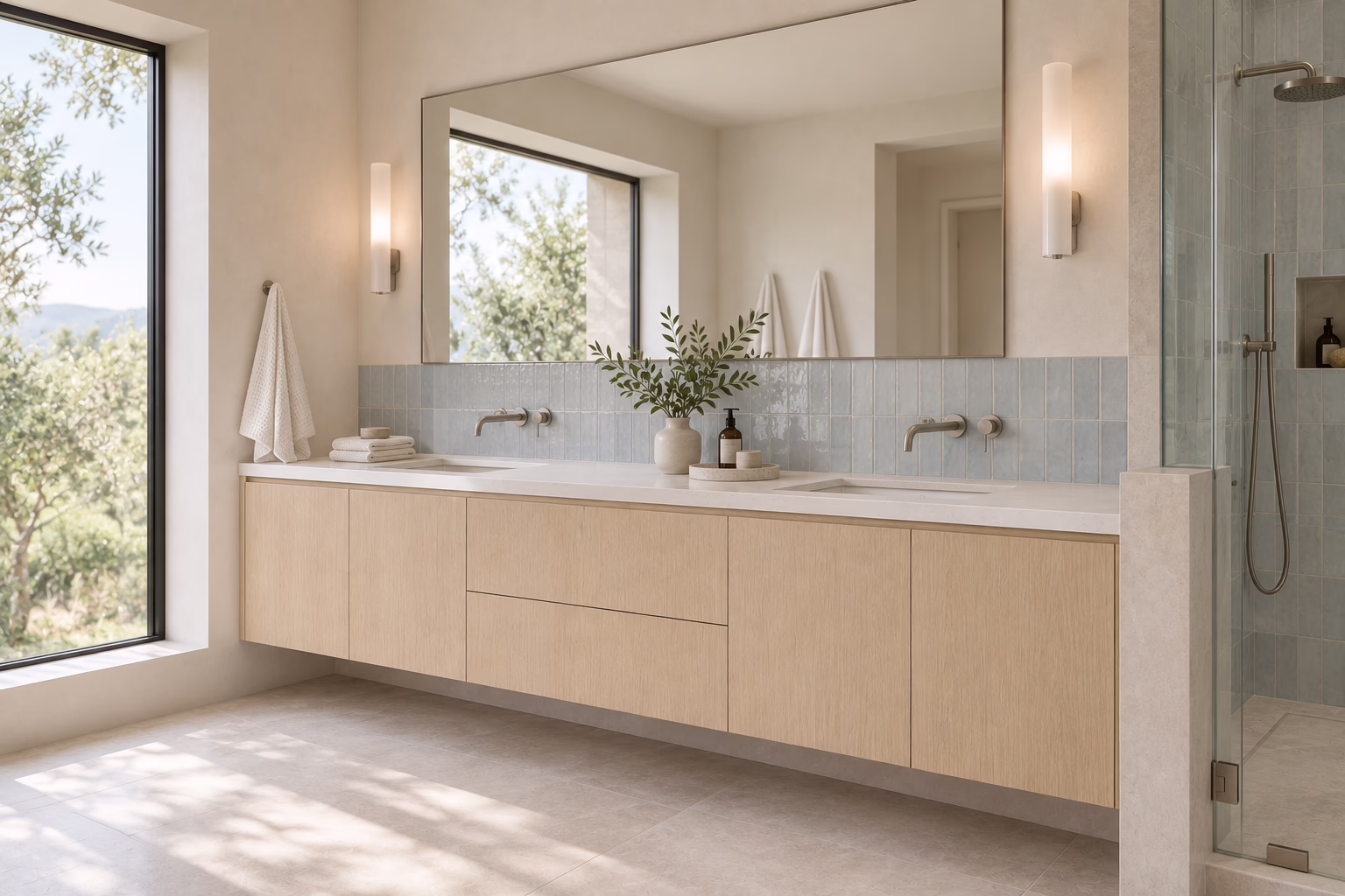 Modern natural oak European frameless floating double vanity with integrated quartz countertop, twin white vessel sinks, and sage green vertical stack wall tile in a Carrollton home.