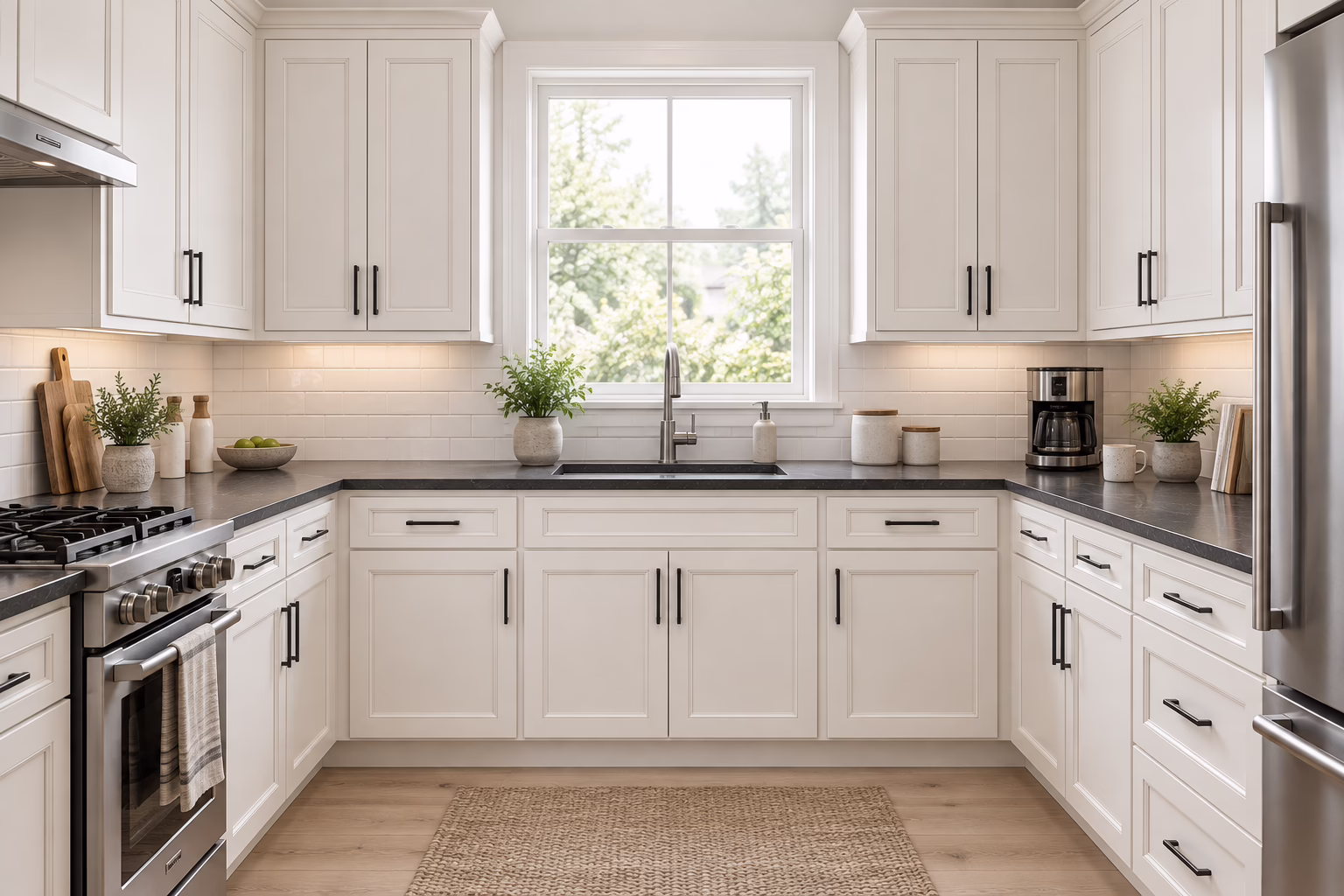 Alabaster white galley kitchen with shaker-style cabinets, dark countertops, window over sink, and hardwood flooring in morning light