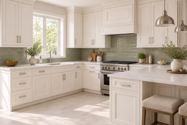 Alabaster white U-shaped kitchen with shaker-style cabinets, green tile backsplash, quartz countertops, and breakfast bar seating in morning light