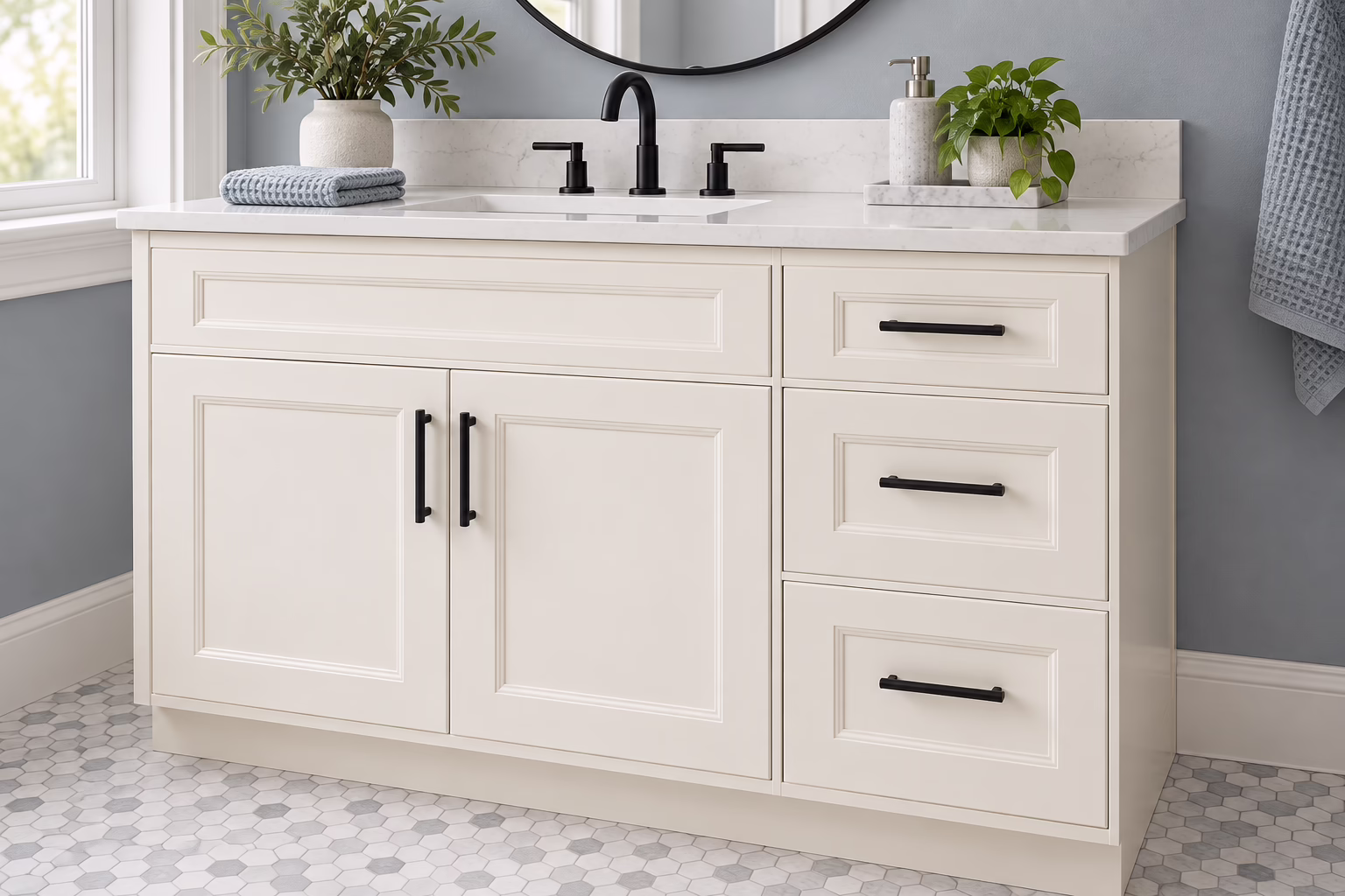Alabaster white single bathroom vanity with shaker-style cabinets, dark hardware, and quartz countertop in a blue-gray bathroom