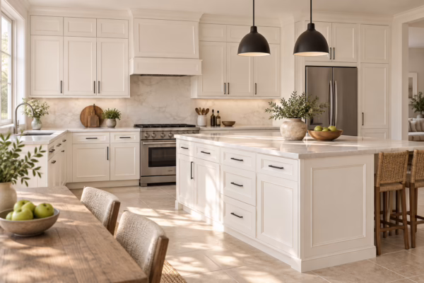 Alabaster white kitchen with shaker-style cabinets, diagonal island, quartz countertops, and a wooden dining table in soft daylight