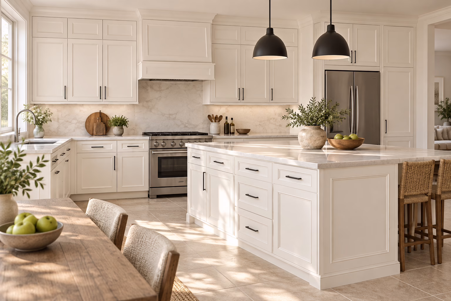 Alabaster white kitchen with shaker-style cabinets, diagonal island, quartz countertops, and a wooden dining table in soft daylight