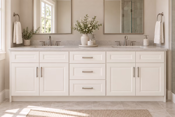 Alpine alabaster white double bathroom vanity with shaker-style cabinets, quartz countertops, and dual mirrors in a sunlit bathroom