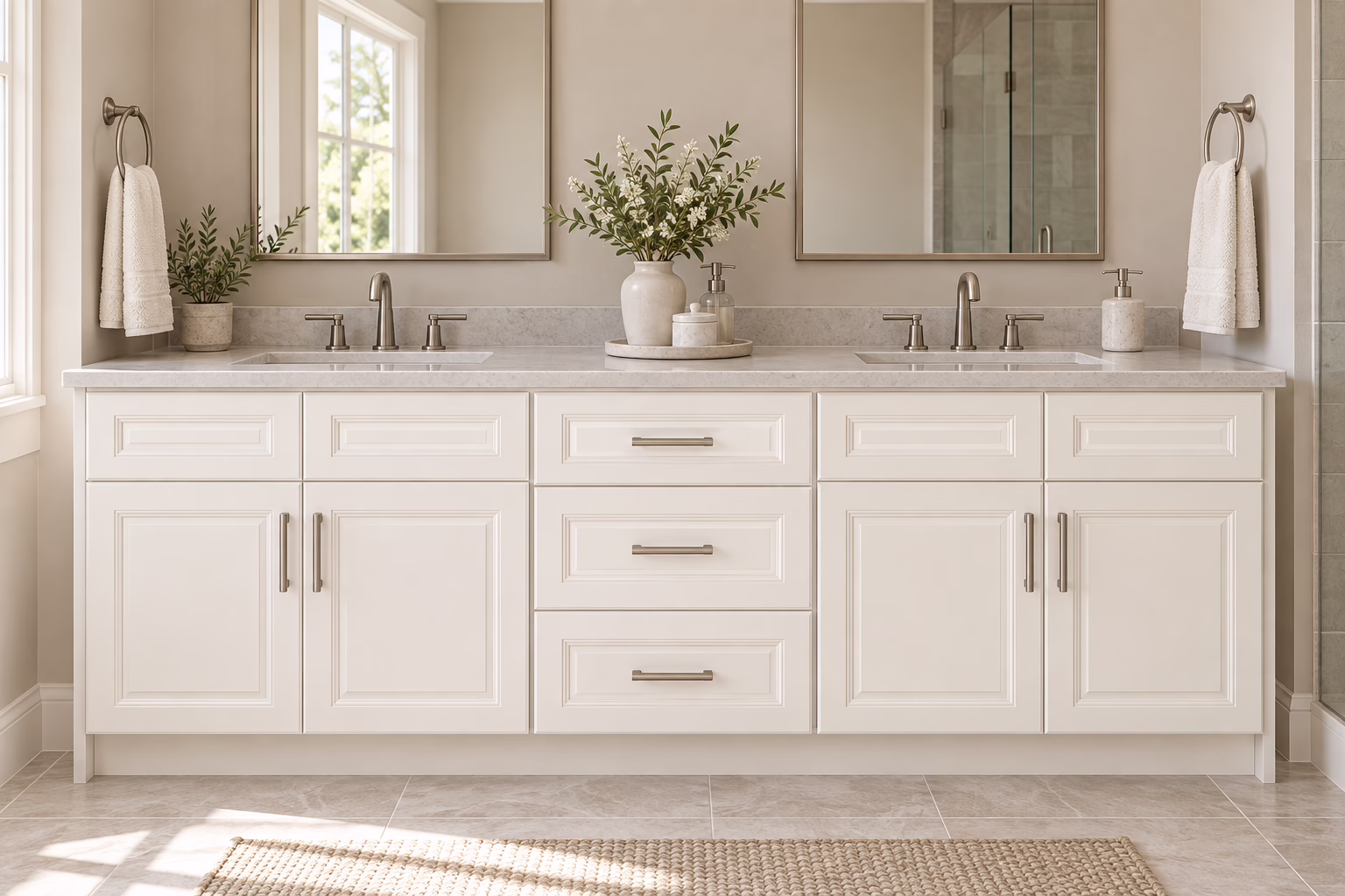 Alpine alabaster white double bathroom vanity with shaker-style cabinets, quartz countertops, and dual mirrors in a sunlit bathroom